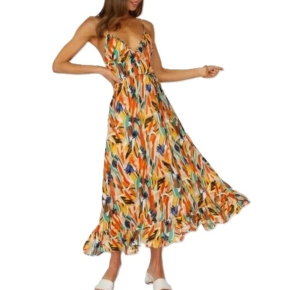 NWT Commense Multi Color Dress Print Cami Midi Boho Resort Wear Sundress - Picture 2 of 11
